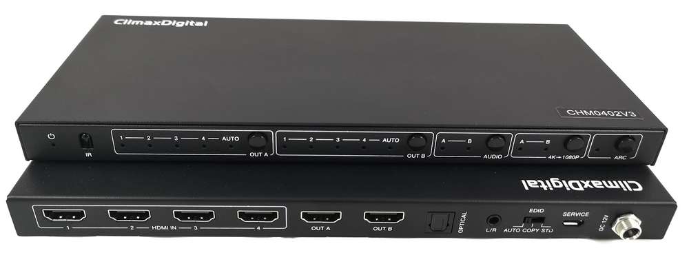 ClimaxDigital CHM0402V3 UHD 4K HDMI 2.0 MATRIX 4X2 w/SPDIF+R/L Audio Out EDID ARC DownScaler